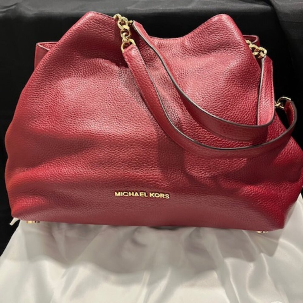 Michael Kors Jet Set Large Chain Tote Deep Red Pebbled Leather Gold Hardware Bag